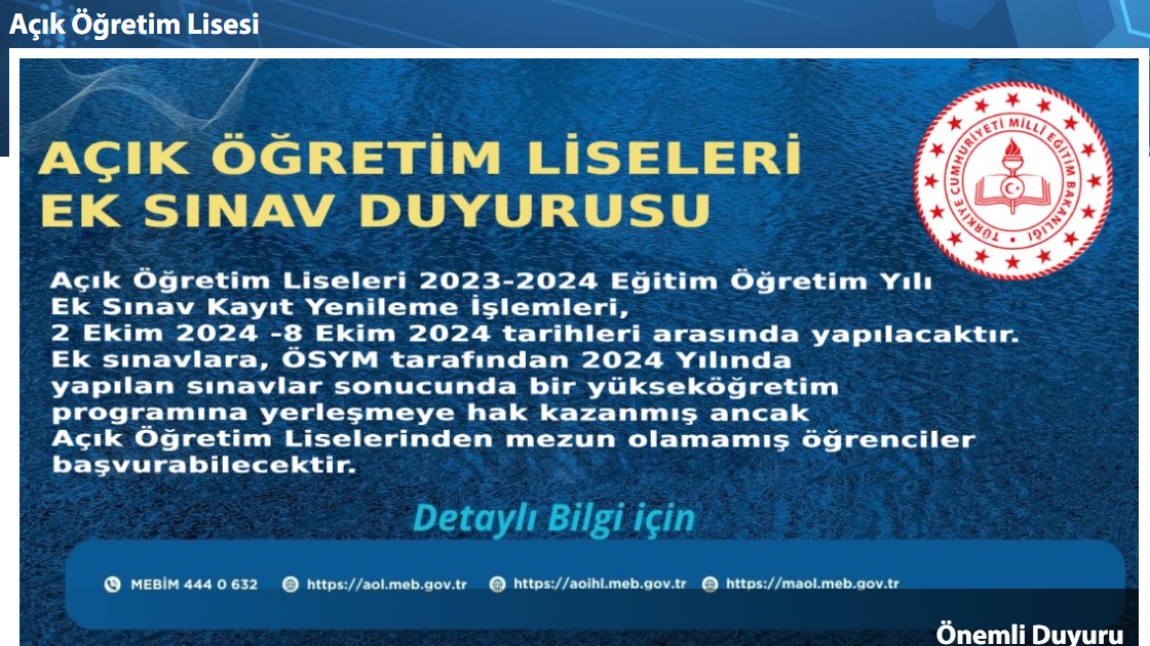 Açık Öğretim Lisesi 2023-2024 Eğitim Öğretim Yılı Ek Sınavı.