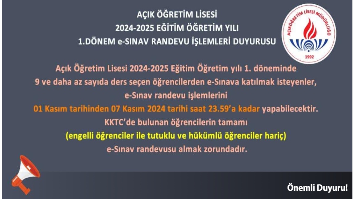 1. döneminde 9 ve daha az sayıda ders seçen öğrencilerden e-Sınava katılmak isteyenler, e-Sınav randevu işlemlerini 01 Kasım tarihinden 07 Kasım 2024 tarihi saat 23.59'a kadar yapabilecektir.